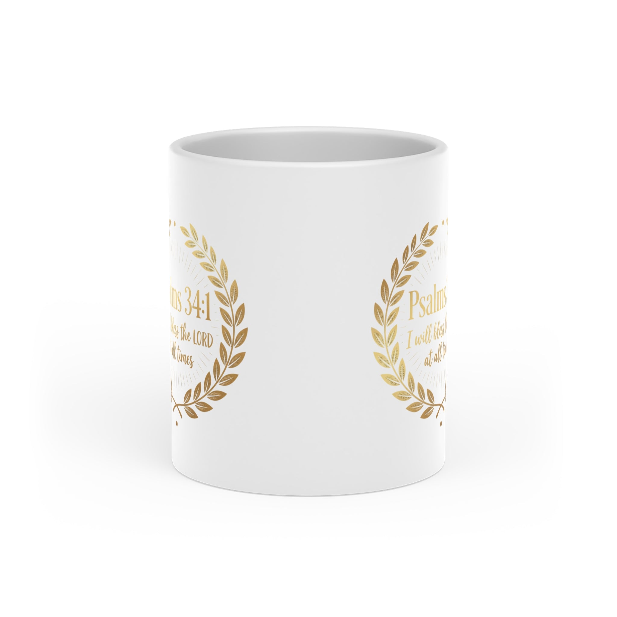 Faithful Blessings Heart Mug | Psalm 34:1 Christian Coffee Mug | Gold Laurel Ceramic Cup