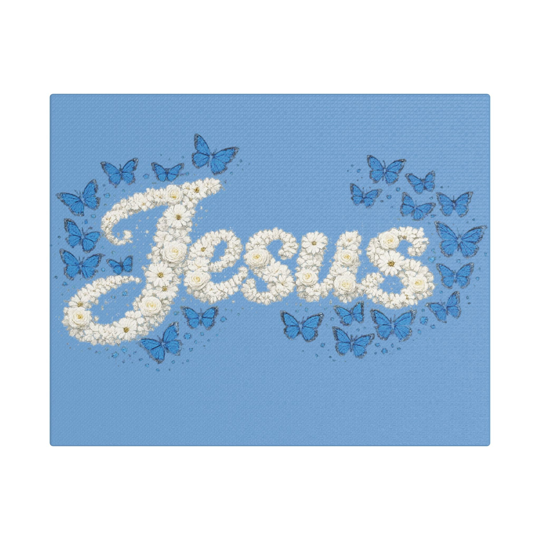 Jesus Floral Blue Butterfly Canvas Wall Art – Christian Satin Faith Print | Inspirational Home Decor