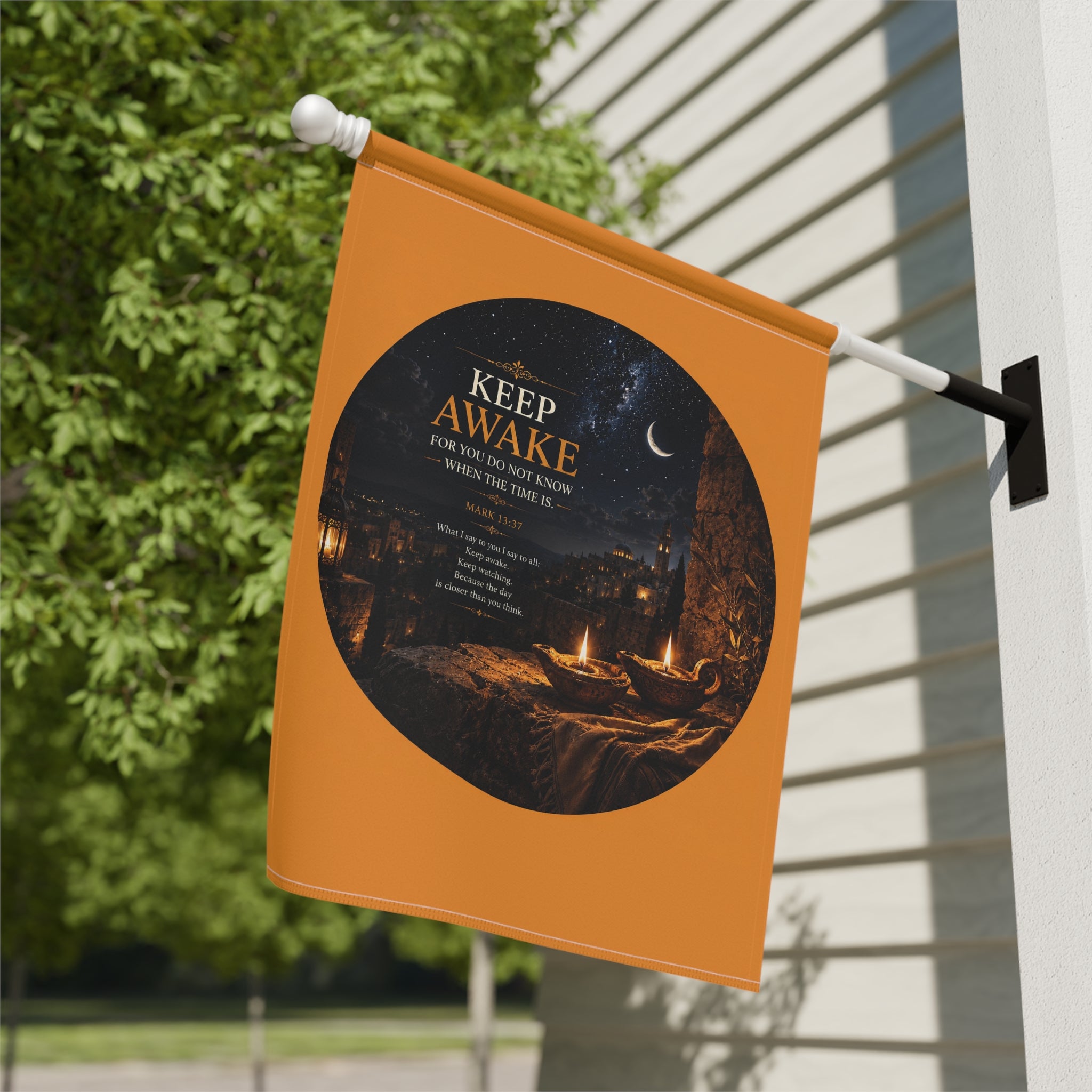 Inspirational garden flag featuring candlelight, a crescent moon, and a glowing stone pathway with the phrase “KEEP AWAKE” in warm golden tones against deep indigo skies.