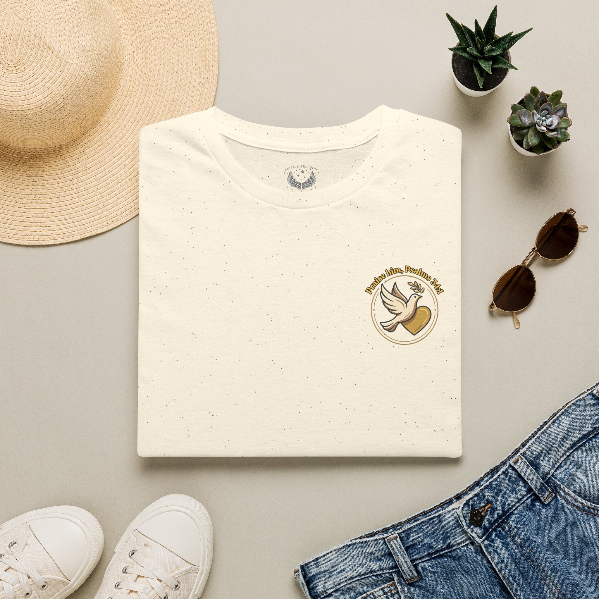 Minimalist Christian T-shirt featuring a Dove of Peace chest emblem with the words “Pray, Love, Remember” on a soft lightweight faith-inspired tee.
