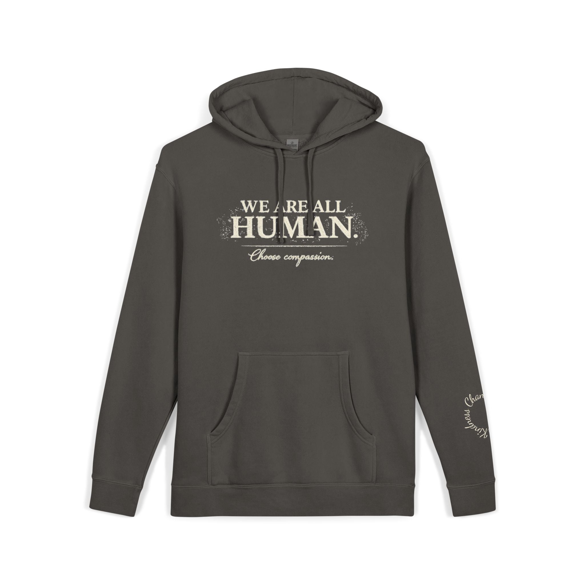 “We Are All Human” Pigment-Dyed Hoodie – Inclusive Comfort Pullover | Inspirational Minimalist Hoodie