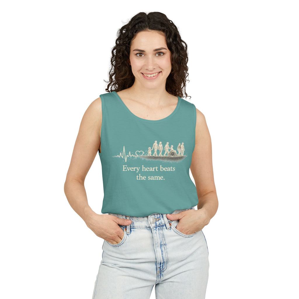 “Every Heart Beats the Same” Vintage Surf Tank Top – Garment-Dyed Coastal Unity Tank