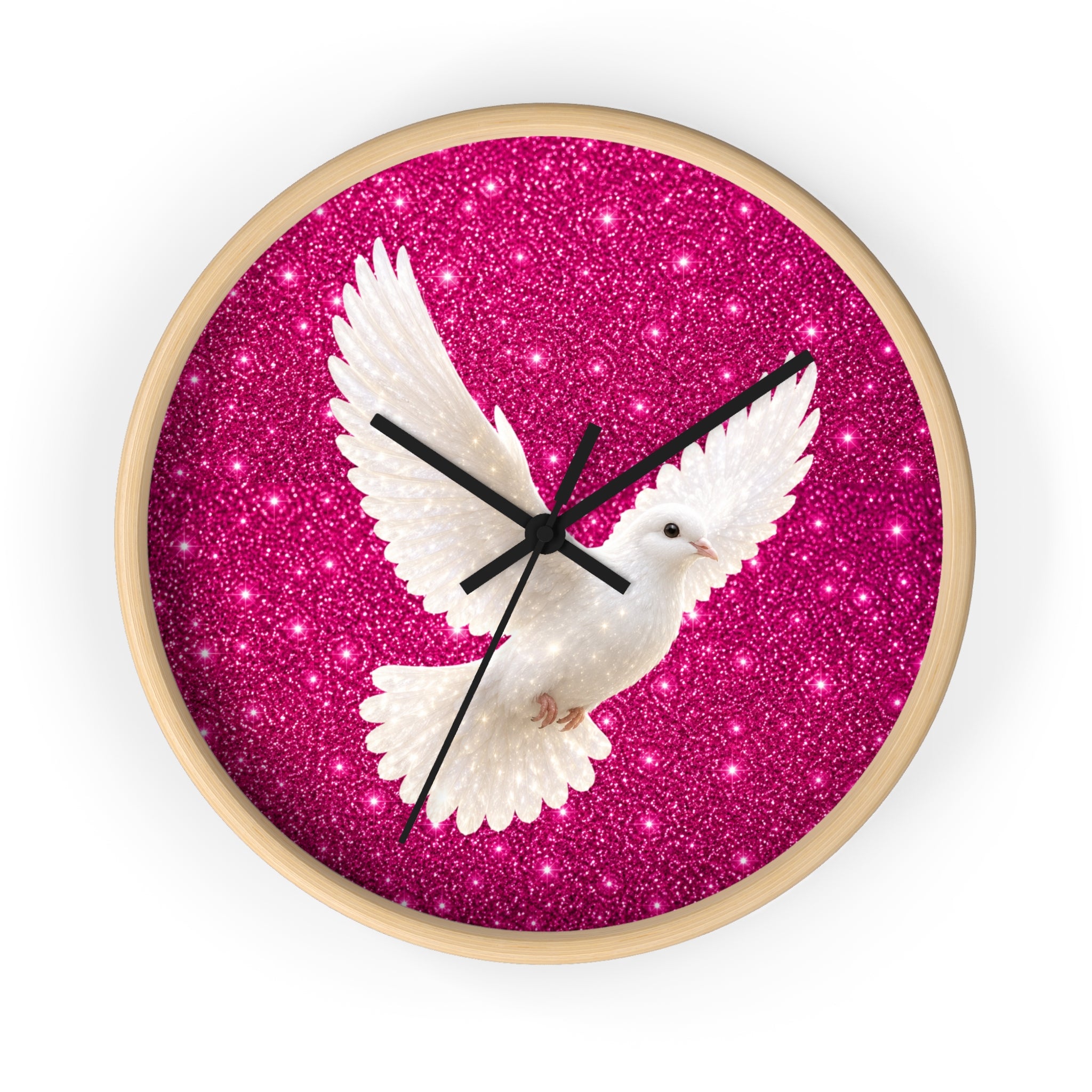 Dove Wall Clock — White Dove on Sparkling Hot Pink Background