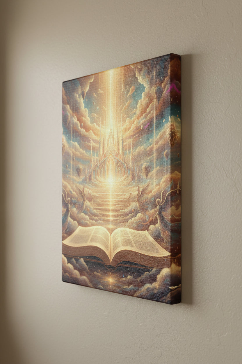Heavenly Scripture Canvas — Radiant Open Bible Wall Art