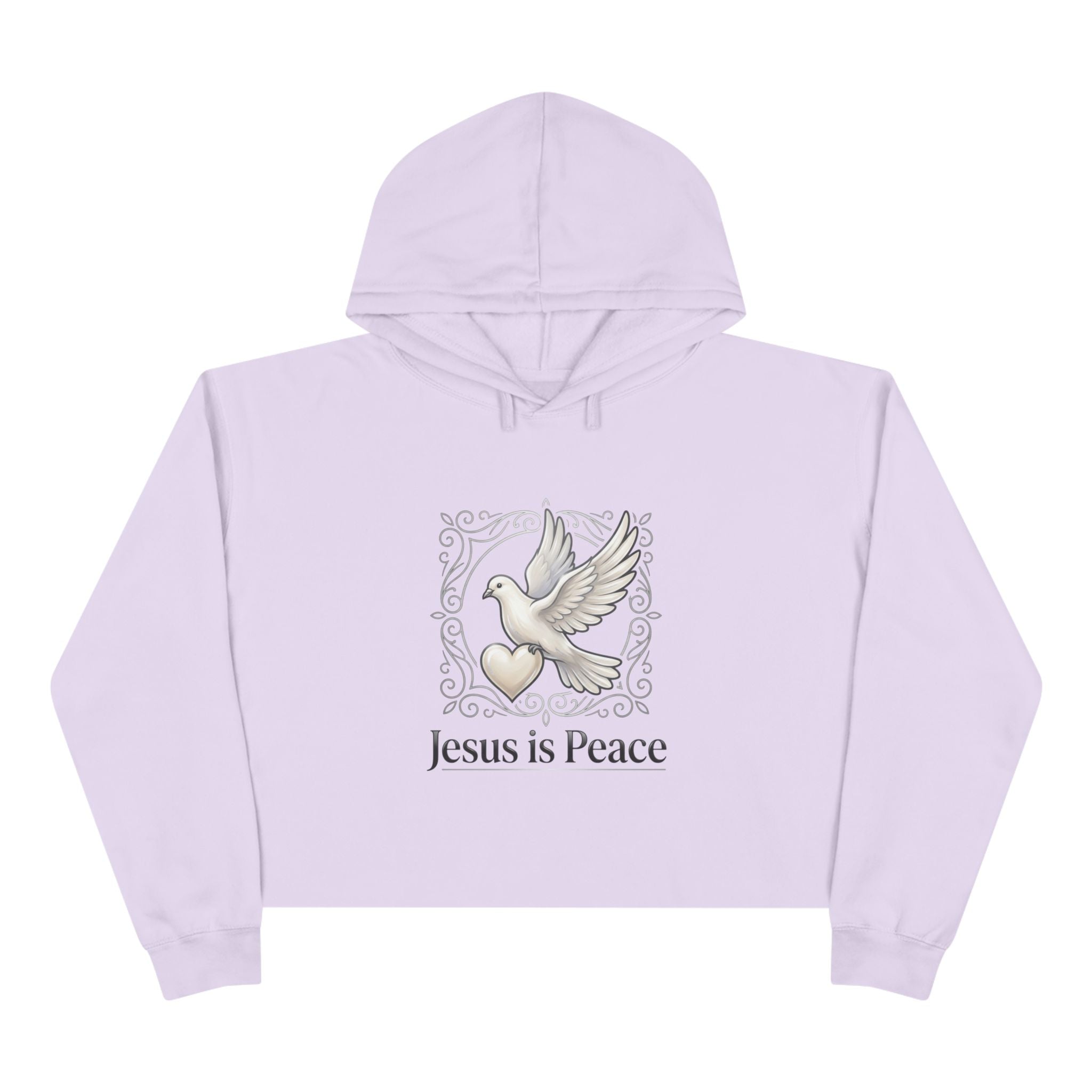 Lavender hoodie with 'Jesus is Peace' design featuring a dove and heart on a white background