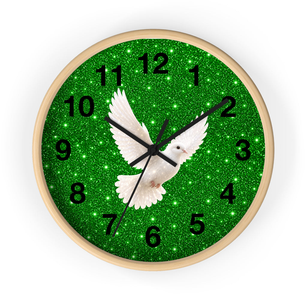Peace Dove Wall Clock | Green Sparkle Christian Wall Decor | Silent White Dove Clock