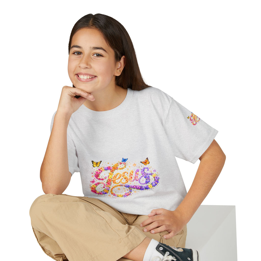 Youth Jesus Floral Butterfly T-Shirt – Christian Kids Faith Tee | Gratitude Sneaker Style Shirt