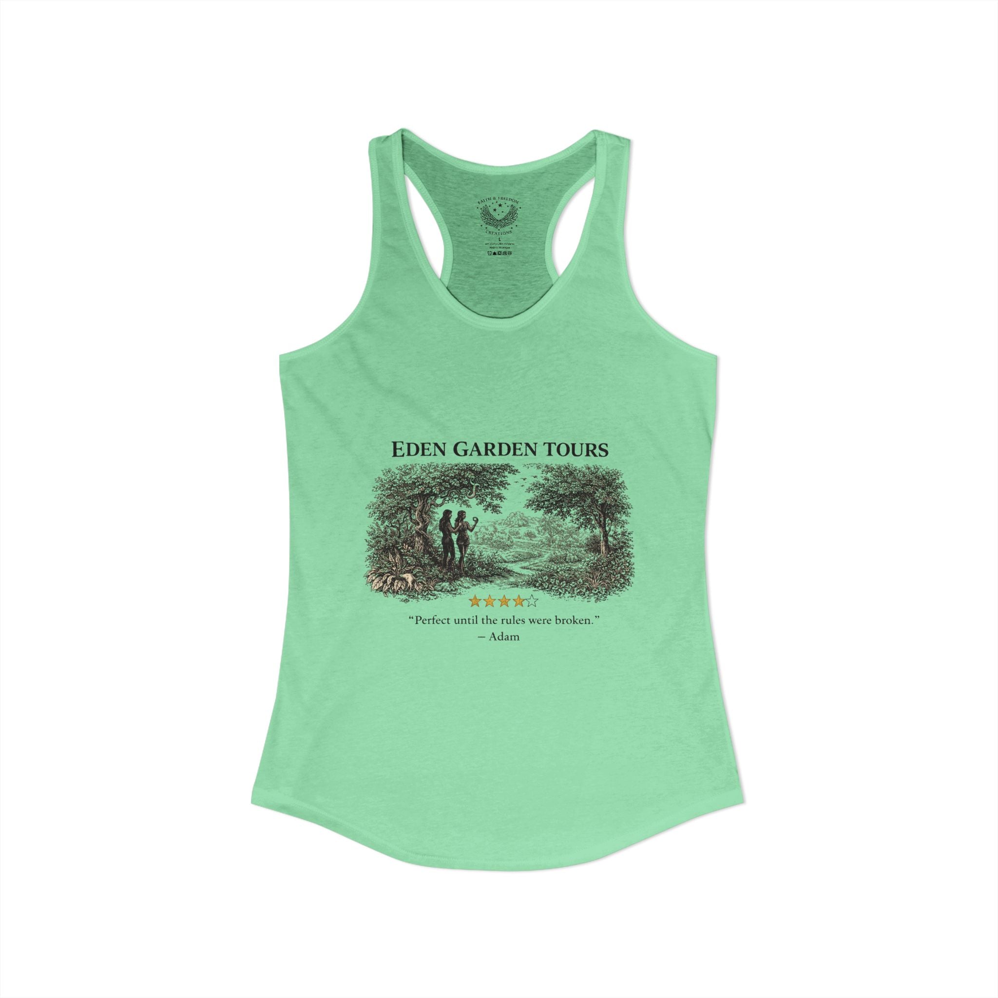Eden Garden Tours Women's Racerback Tank — 'Adam's Review' Graphic