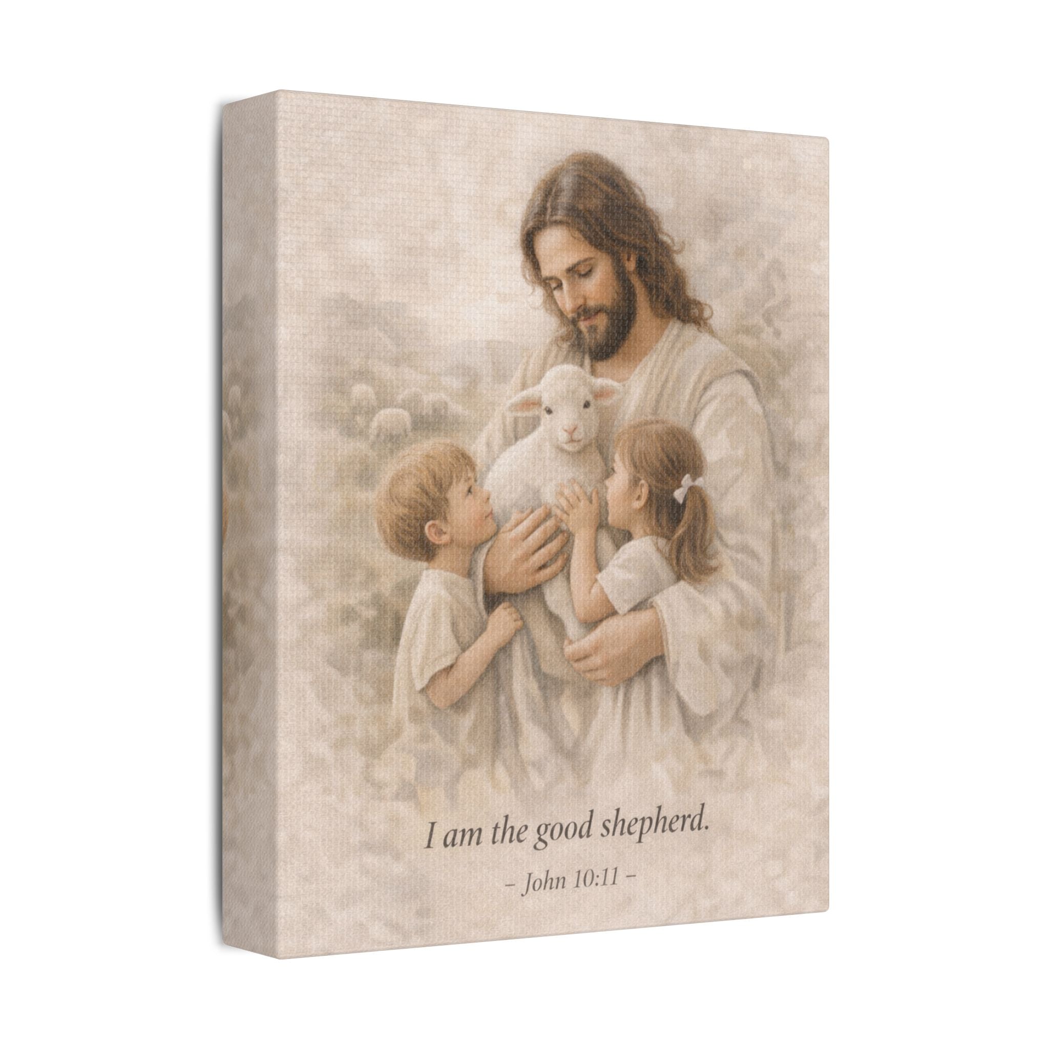 Jesus with Children Satin Canvas Print — "I am the good shepherd" (John 10:11)