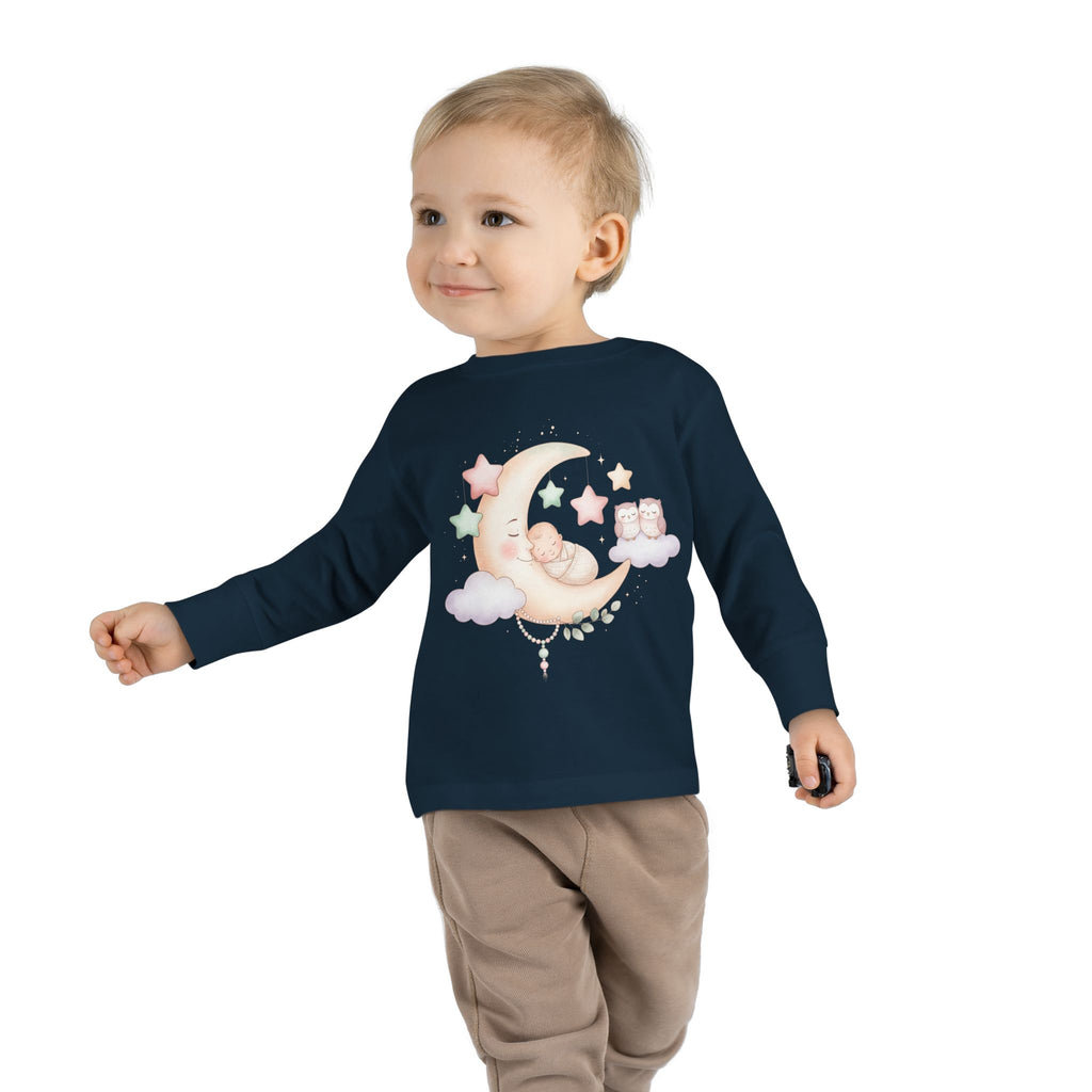 Baby Moon & Owl Toddler Long Sleeve Tee – Pastel Sleepy Moon Nursery Shirt | Cozy Toddler Pajama Style Tee