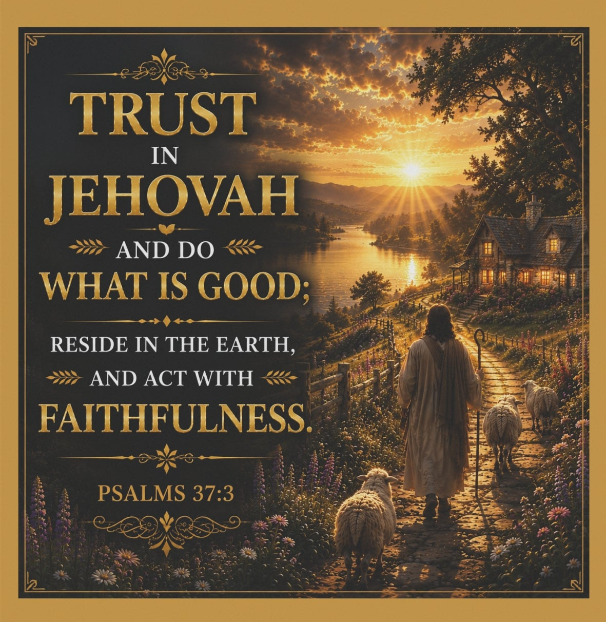 Inspirational Christian garden flag featuring a warm sunset pastoral landscape with Psalms 37:3 “Trust in Jehovah” scripture artwork.