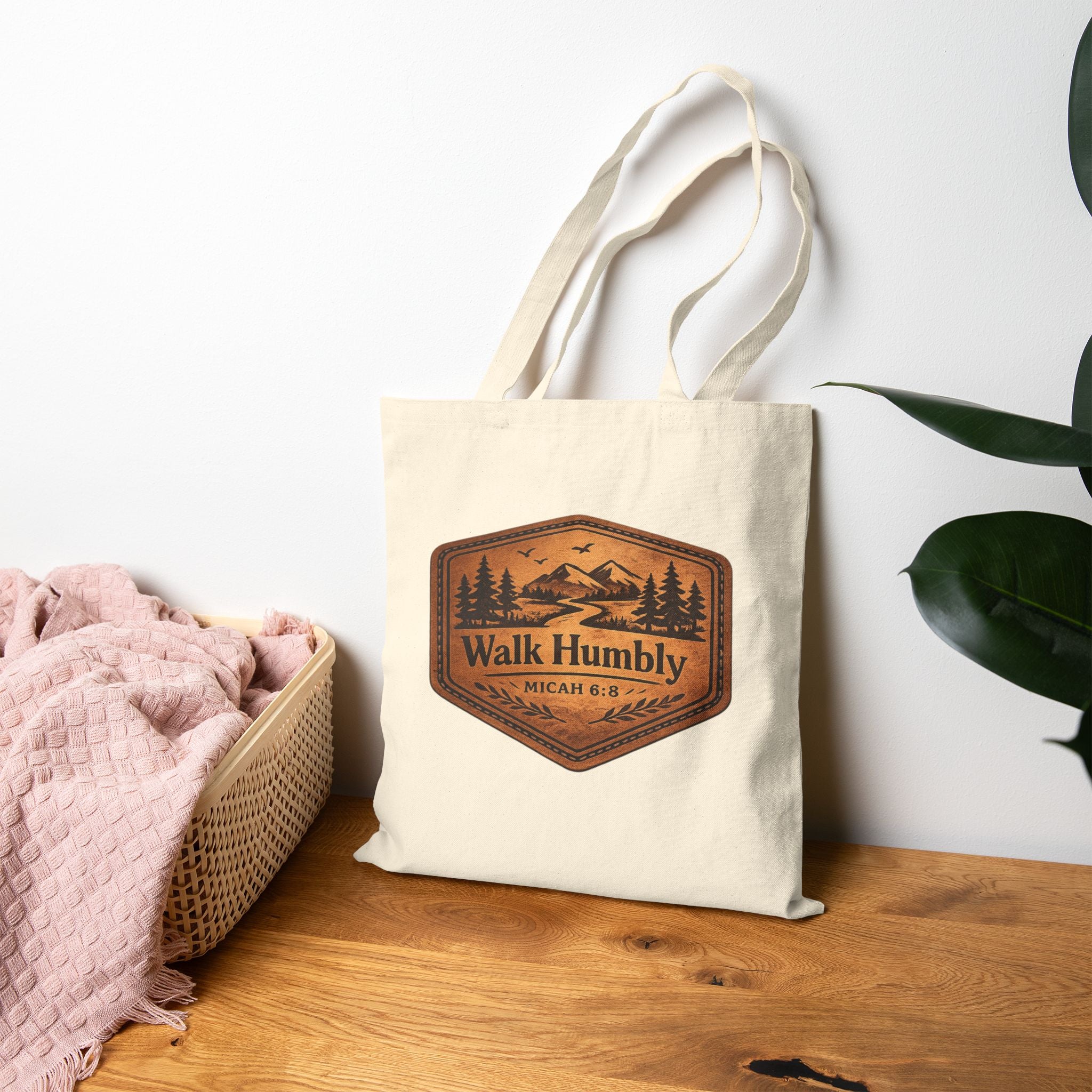 Walk Humbly Tote Bag | Micah 6:8 Christian Canvas Tote | Rustic Mountain Faith Tote