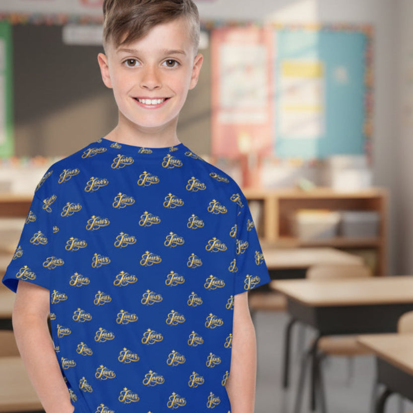 Youth Jesus Sports Jersey – Blue All-Over Print Christian Athletic Shirt | Kids Faith Sportswear