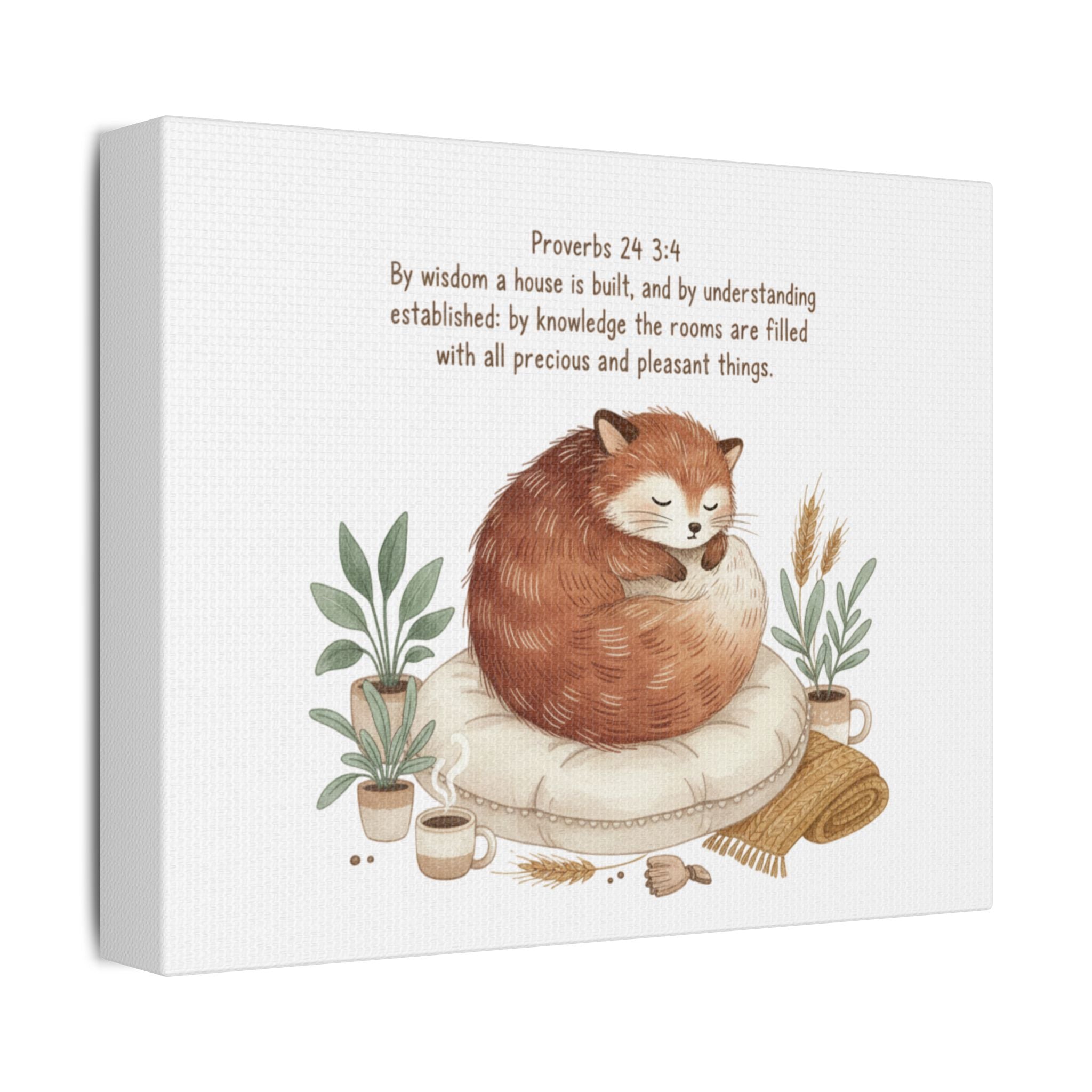 Cozy Fox Canvas Wall Art - Proverbs 24:3-4 Scripture Print