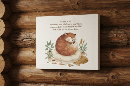 Decorative box with a fox illustration and text on a wooden background