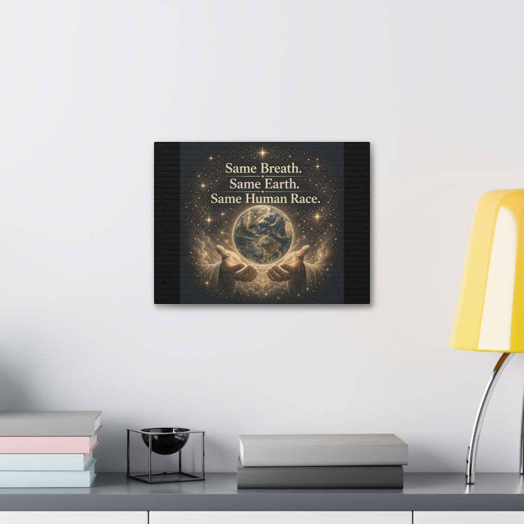 Inspirational canvas wall art featuring the earth held in gentle hands surrounded by glowing stars with the quote “Same Breath. Same Earth. Same Human Race.” in warm golden tones.