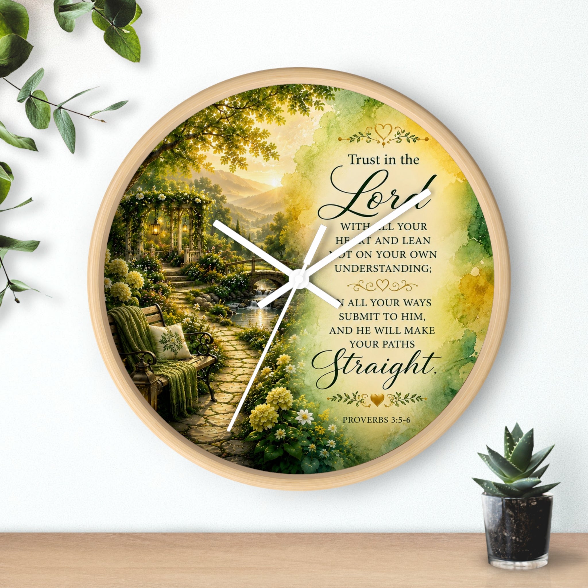 Inspirational Christian wall clock featuring a peaceful garden pathway at sunrise with Proverbs 3:5-6 scripture about trusting in the Lord.