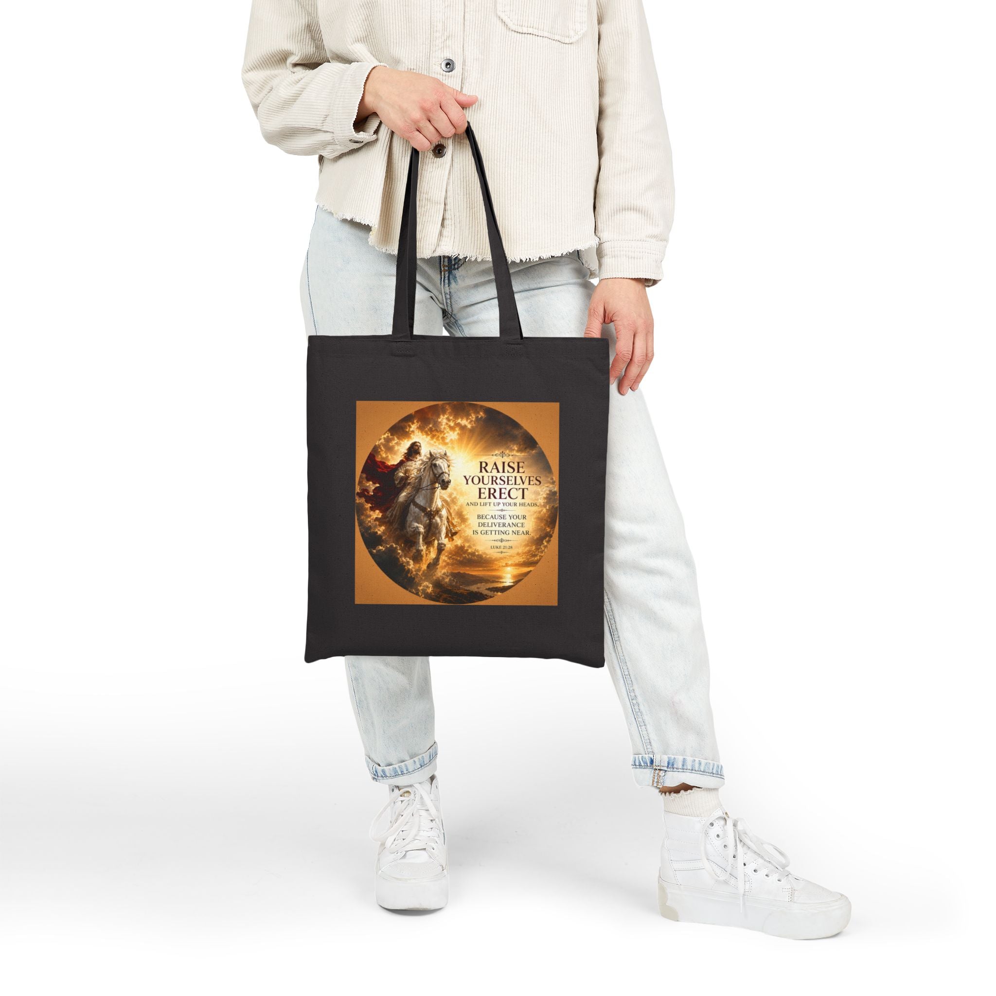 Raise Yourselves Erect Tote Bag | Luke 21:28 Christian Canvas Tote | Inspirational Scripture Shopper