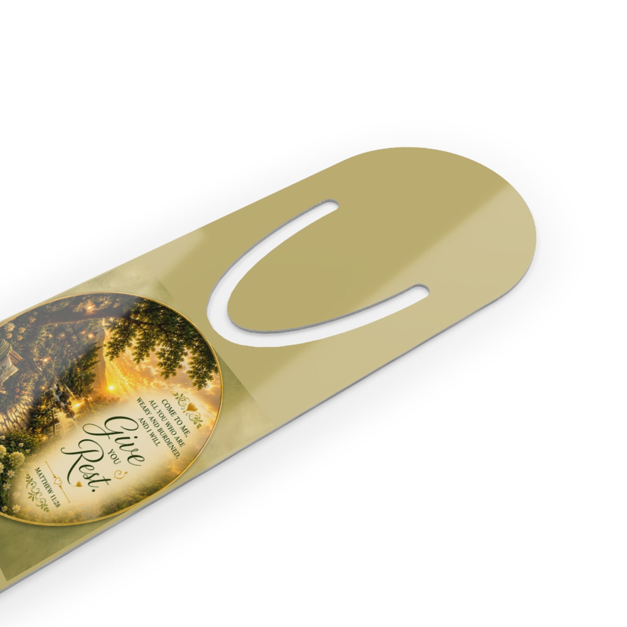 Personalized Christian aluminum bookmark featuring a peaceful “Give Rest” message inspired by Matthew 11:28, with custom name option, brushed metal backing, and secure page-holding slot for books, journals, and devotionals.