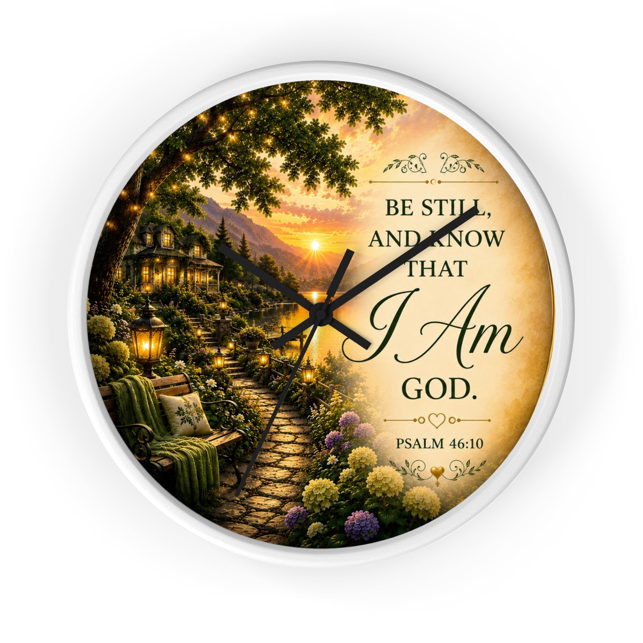 Inspirational Christian wall clock featuring a peaceful sunset garden scene with Psalm 46:10 scripture “Be Still and Know That I Am God” in warm glowing tones.