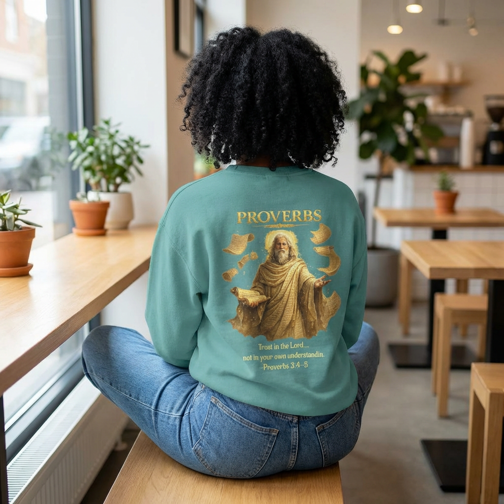 Christian crewneck sweatshirt featuring antique Proverbs lettering and vintage devotional biblical artwork styled like weathered parchment from a study Bible.