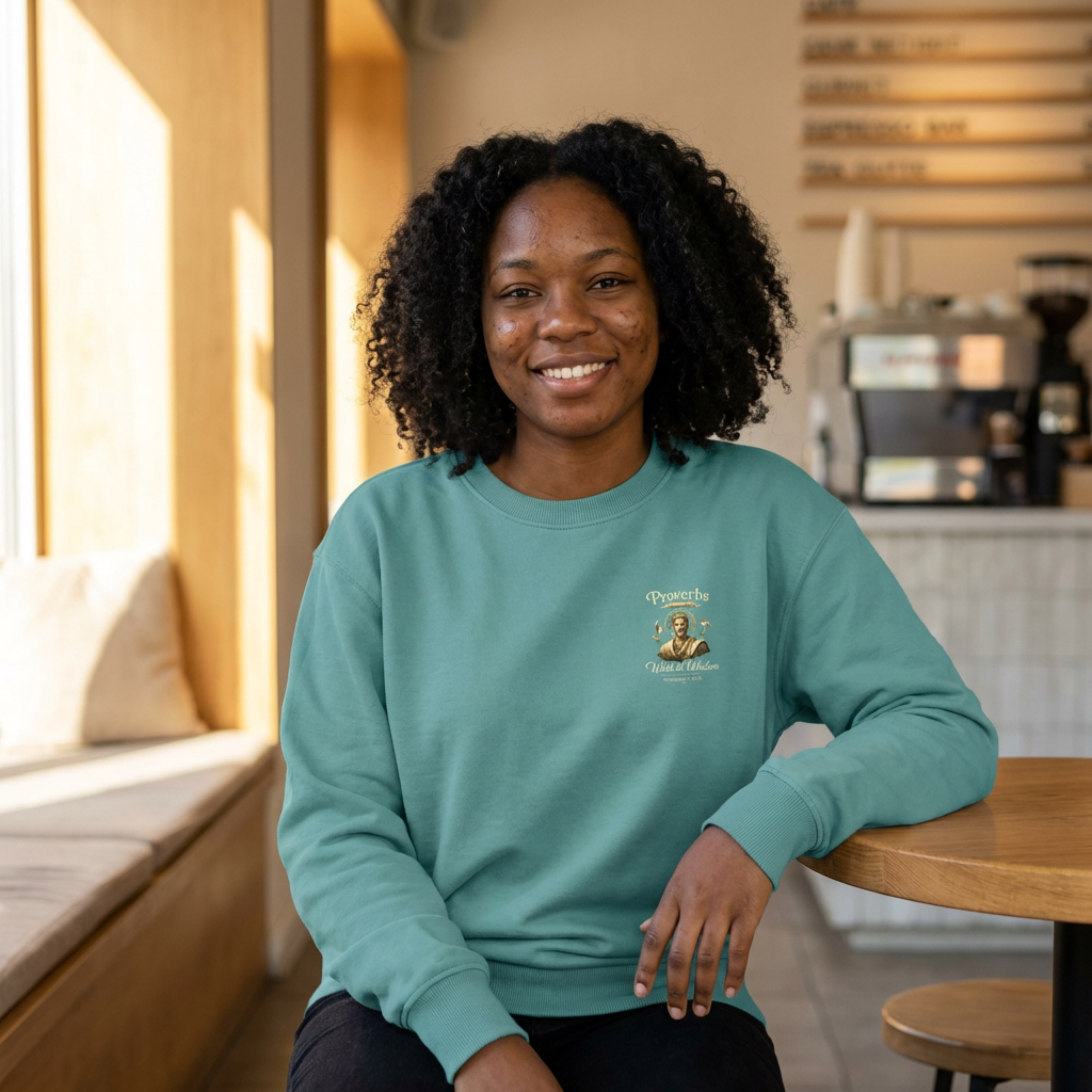 Christian crewneck sweatshirt featuring antique Proverbs lettering and vintage devotional biblical artwork styled like weathered parchment from a study Bible.