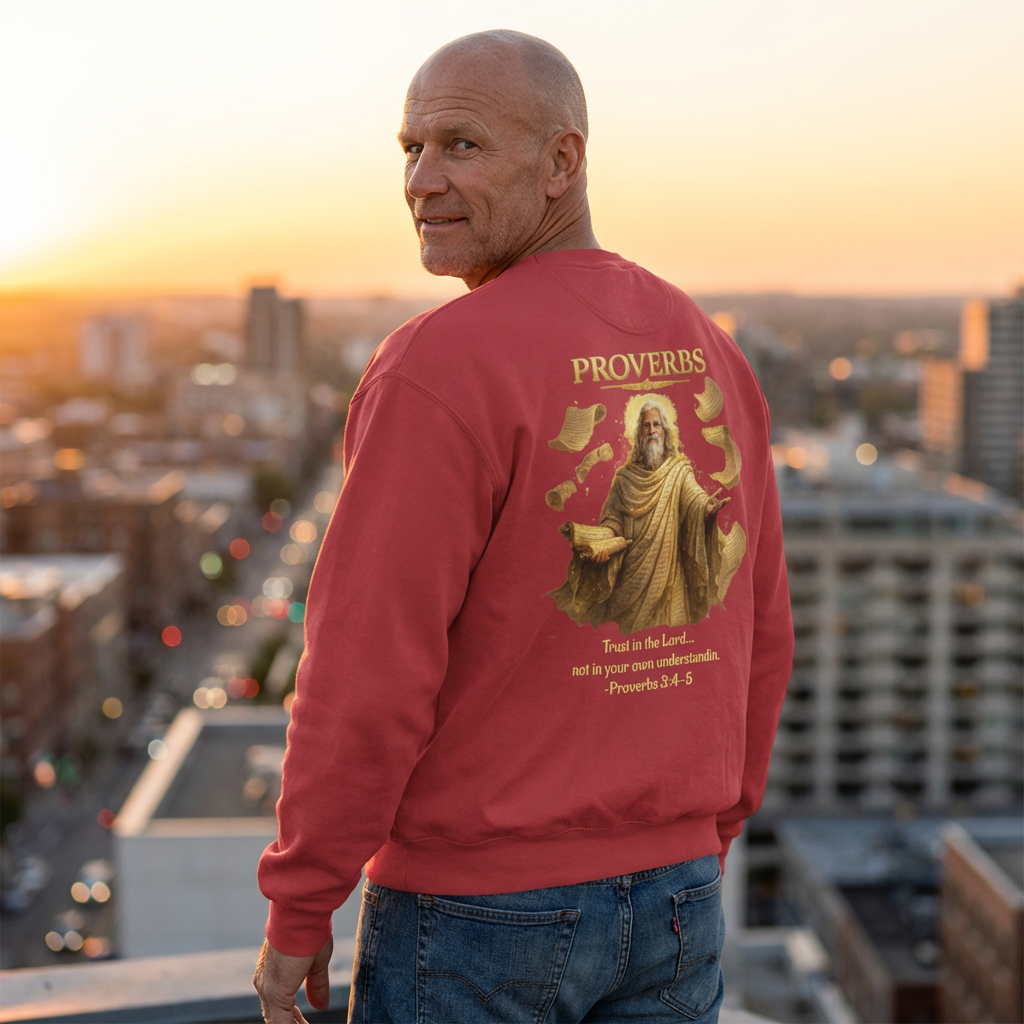 Christian crewneck sweatshirt featuring antique Proverbs lettering and vintage devotional biblical artwork styled like weathered parchment from a study Bible.