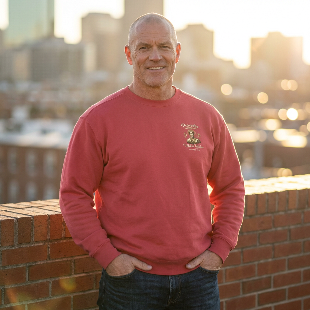 Christian crewneck sweatshirt featuring antique Proverbs lettering and vintage devotional biblical artwork styled like weathered parchment from a study Bible.