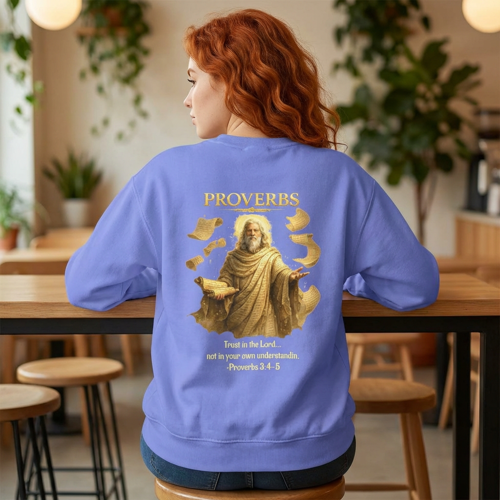 Christian crewneck sweatshirt featuring antique Proverbs lettering and vintage devotional biblical artwork styled like weathered parchment from a study Bible.