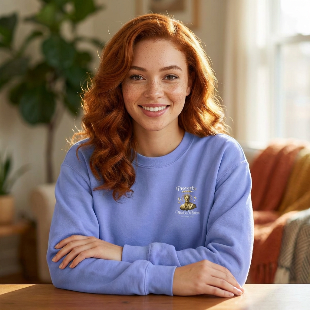 Christian crewneck sweatshirt featuring antique Proverbs lettering and vintage devotional biblical artwork styled like weathered parchment from a study Bible.