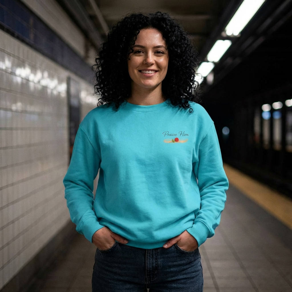 Christian crewneck sweatshirt featuring Psalm 34:1 inspired devotional artwork with subtle front embroidery and a dramatic faith-inspired back design.