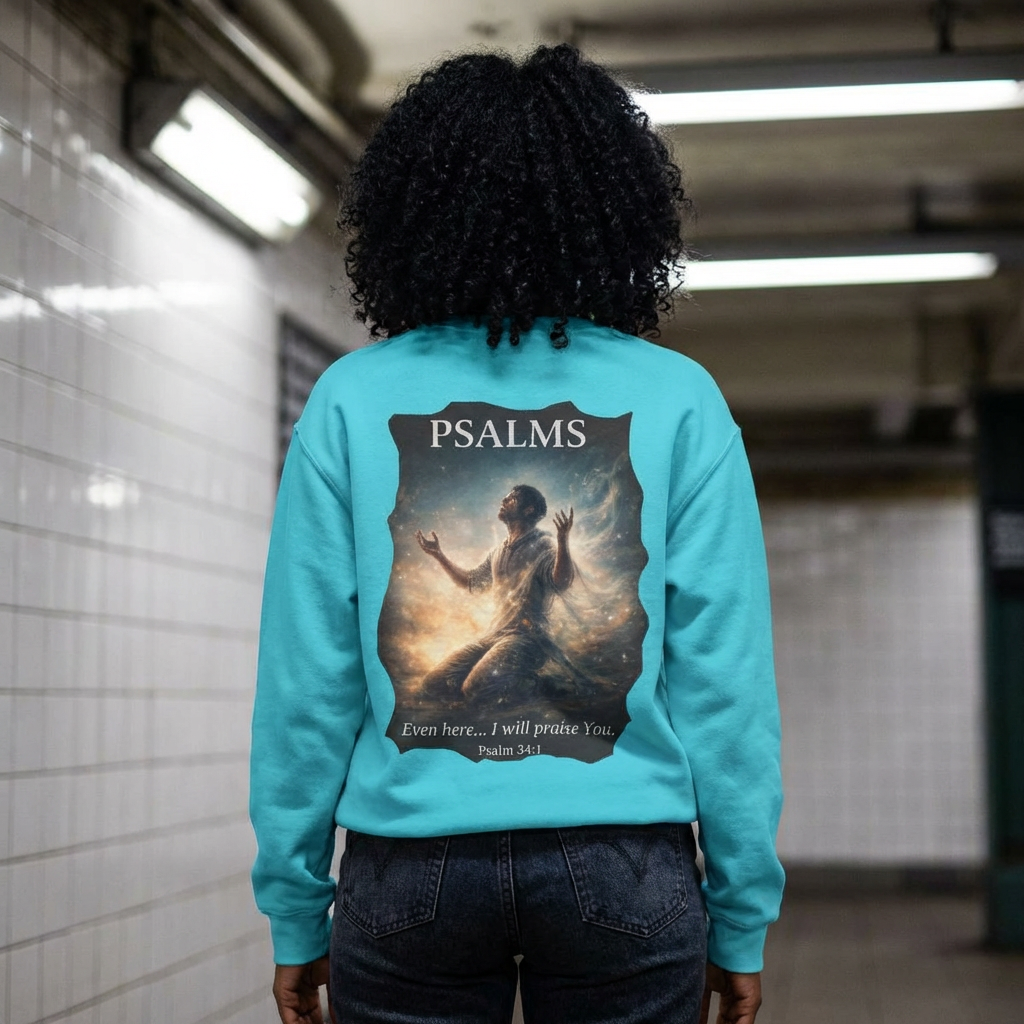 Christian crewneck sweatshirt featuring Psalm 34:1 inspired devotional artwork with subtle front embroidery and a dramatic faith-inspired back design.