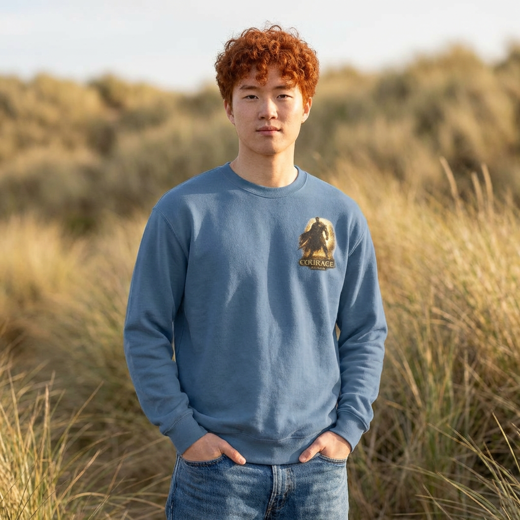 Christian crewneck sweatshirt featuring “Be Strong and Courageous” faith-inspired artwork with subtle chest embroidery and dramatic Joshua-themed back design.