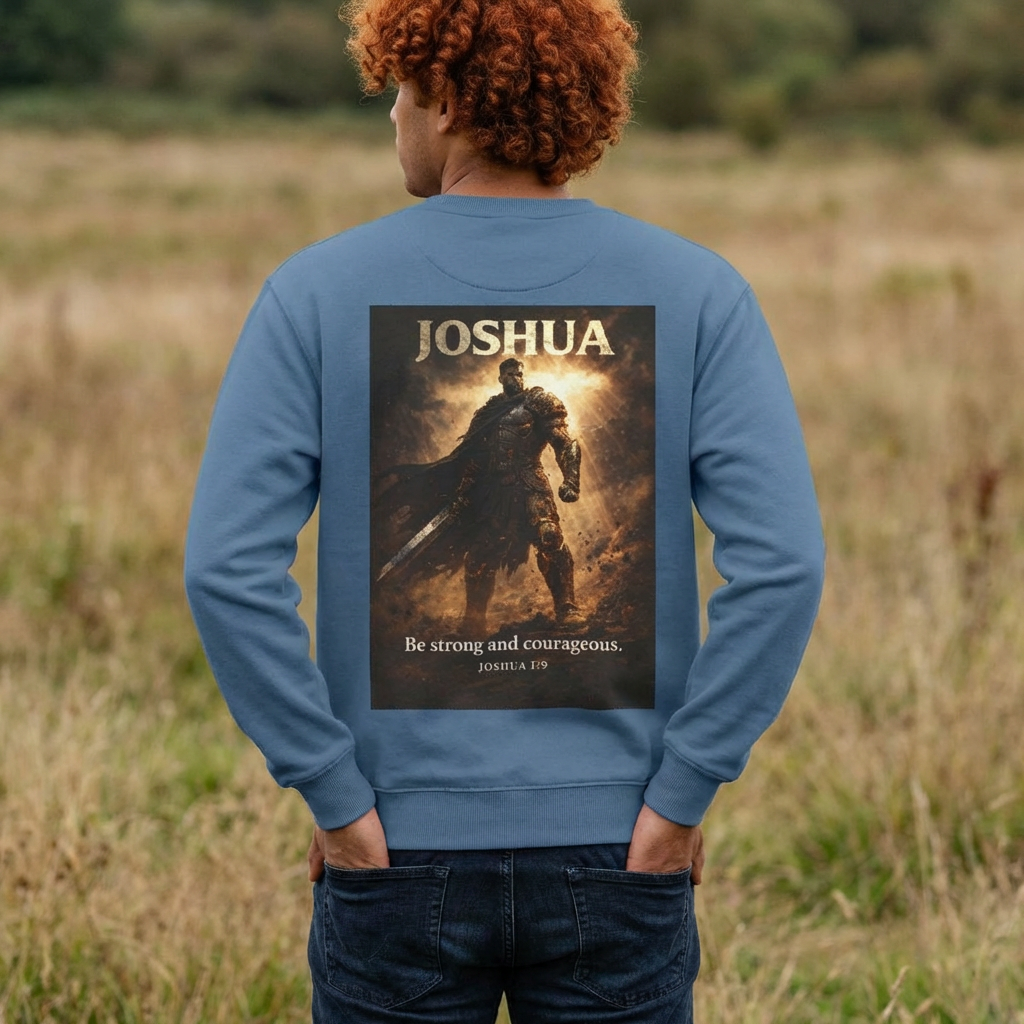 Christian crewneck sweatshirt featuring “Be Strong and Courageous” faith-inspired artwork with subtle chest embroidery and dramatic Joshua-themed back design.