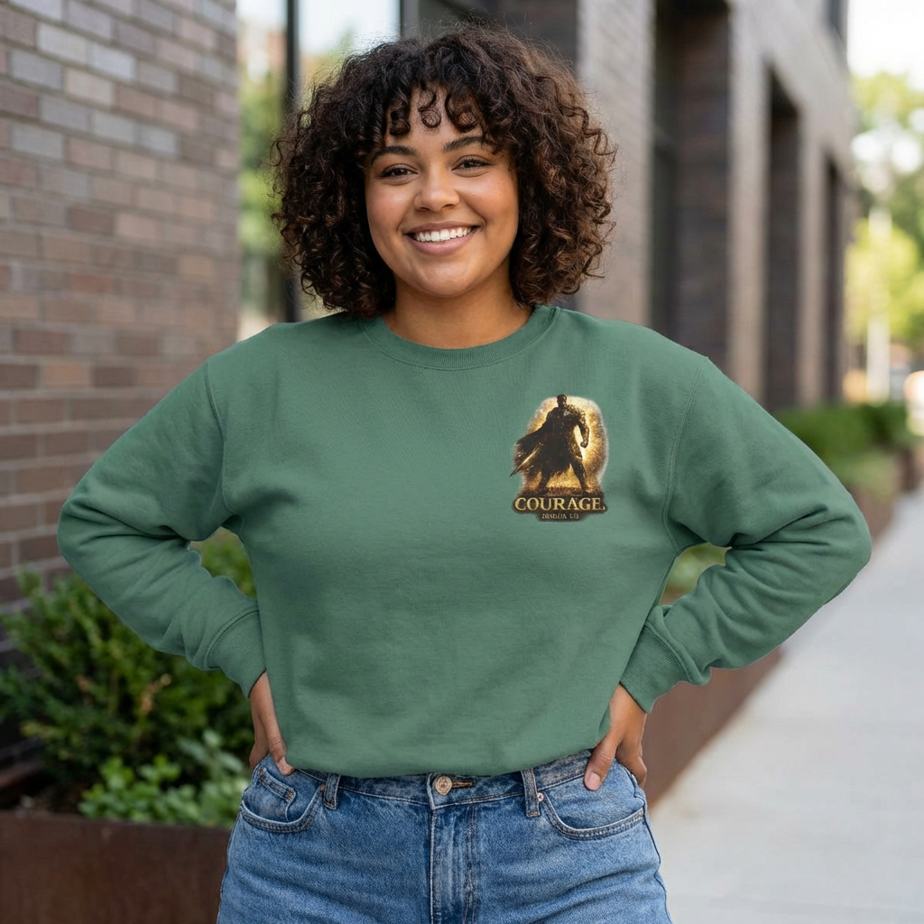 Christian crewneck sweatshirt featuring “Be Strong and Courageous” faith-inspired artwork with subtle chest embroidery and dramatic Joshua-themed back design.
