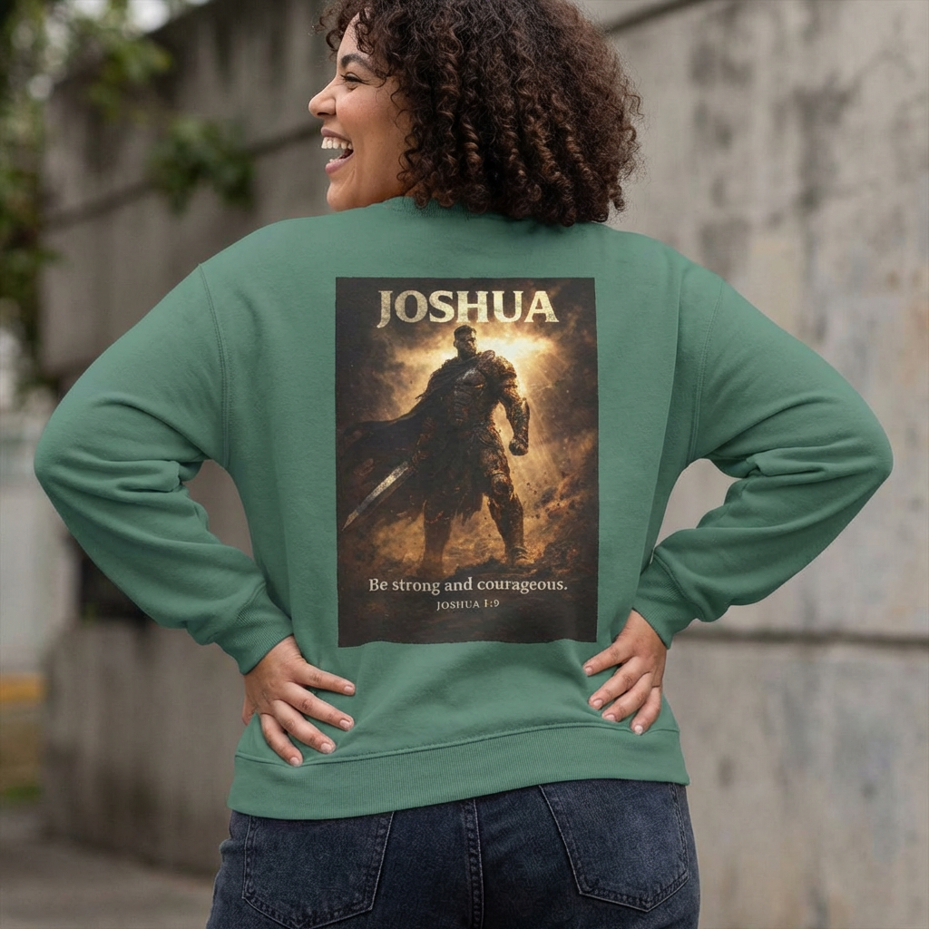 Christian crewneck sweatshirt featuring “Be Strong and Courageous” faith-inspired artwork with subtle chest embroidery and dramatic Joshua-themed back design.