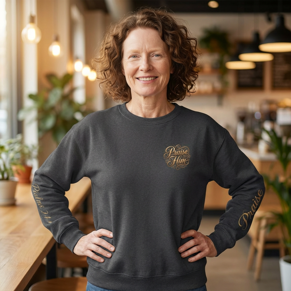 Christian crewneck sweatshirt featuring embroidered “Praise” script on the chest and Psalm 150 inspired sunrise worship artwork on the back.