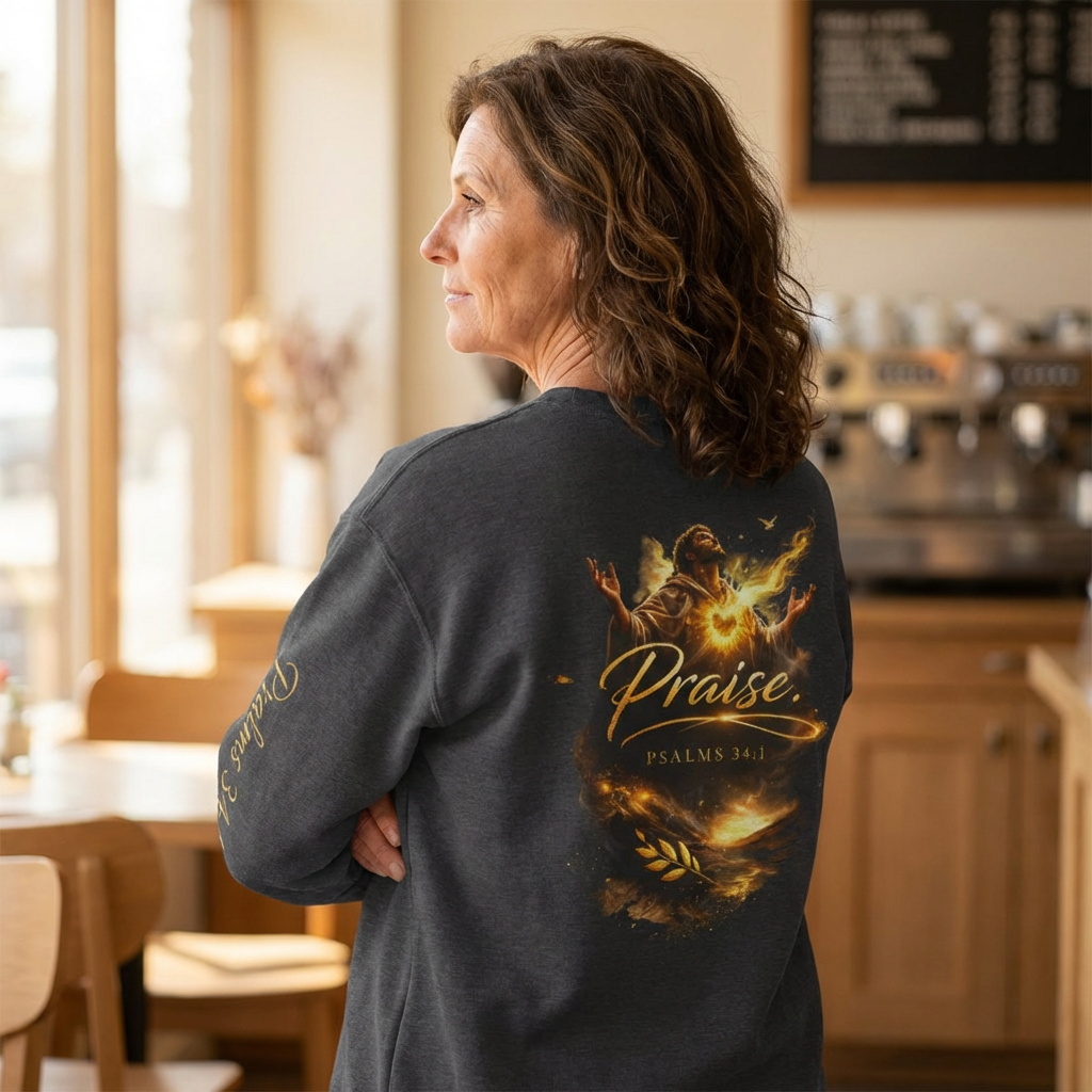 Christian crewneck sweatshirt featuring embroidered “Praise” script on the chest and Psalm 150 inspired sunrise worship artwork on the back.