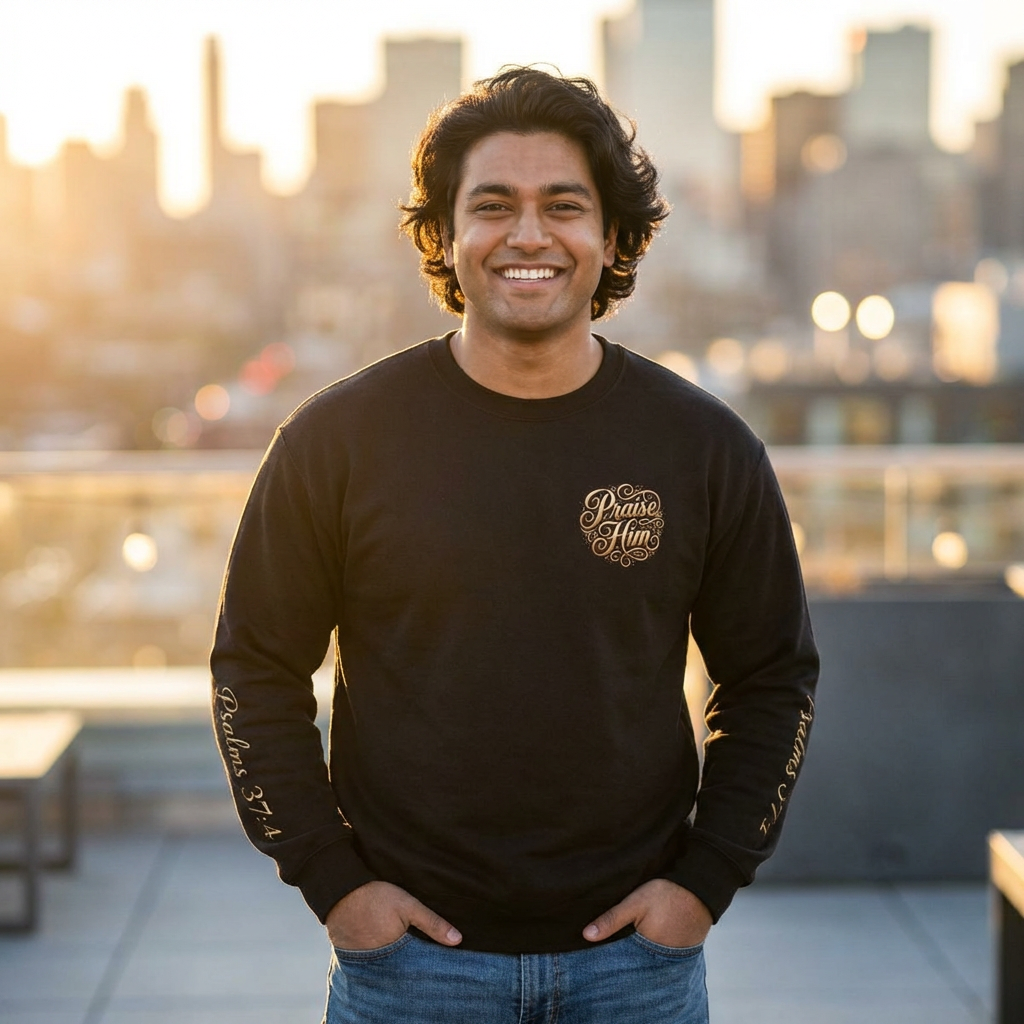 Christian crewneck sweatshirt featuring embroidered “Praise” script on the chest and Psalm 150 inspired sunrise worship artwork on the back.