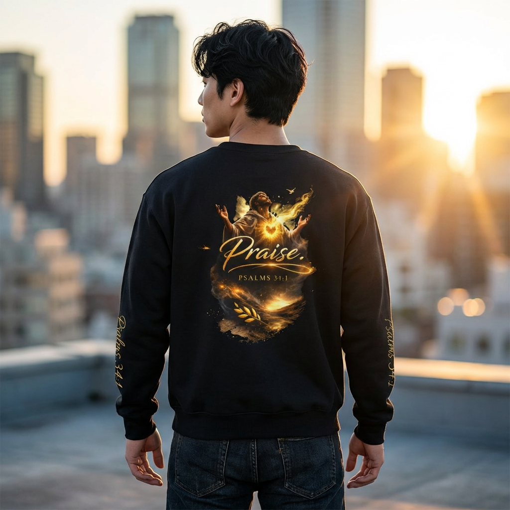 Christian crewneck sweatshirt featuring embroidered “Praise” script on the chest and Psalm 150 inspired sunrise worship artwork on the back.
