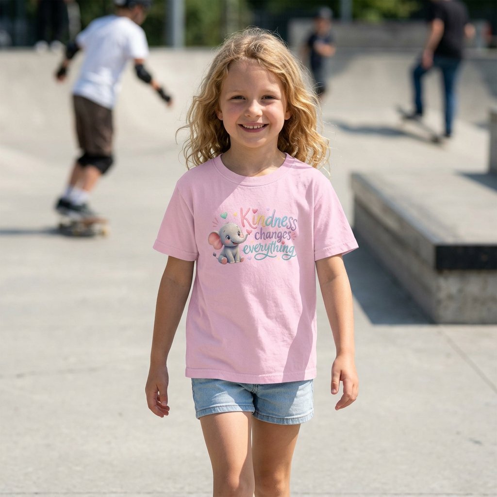 Youth inspirational t-shirt featuring a pastel elephant, tiny hearts, forest friends, and the phrase “Kindness Changes Everything” in cheerful lettering.