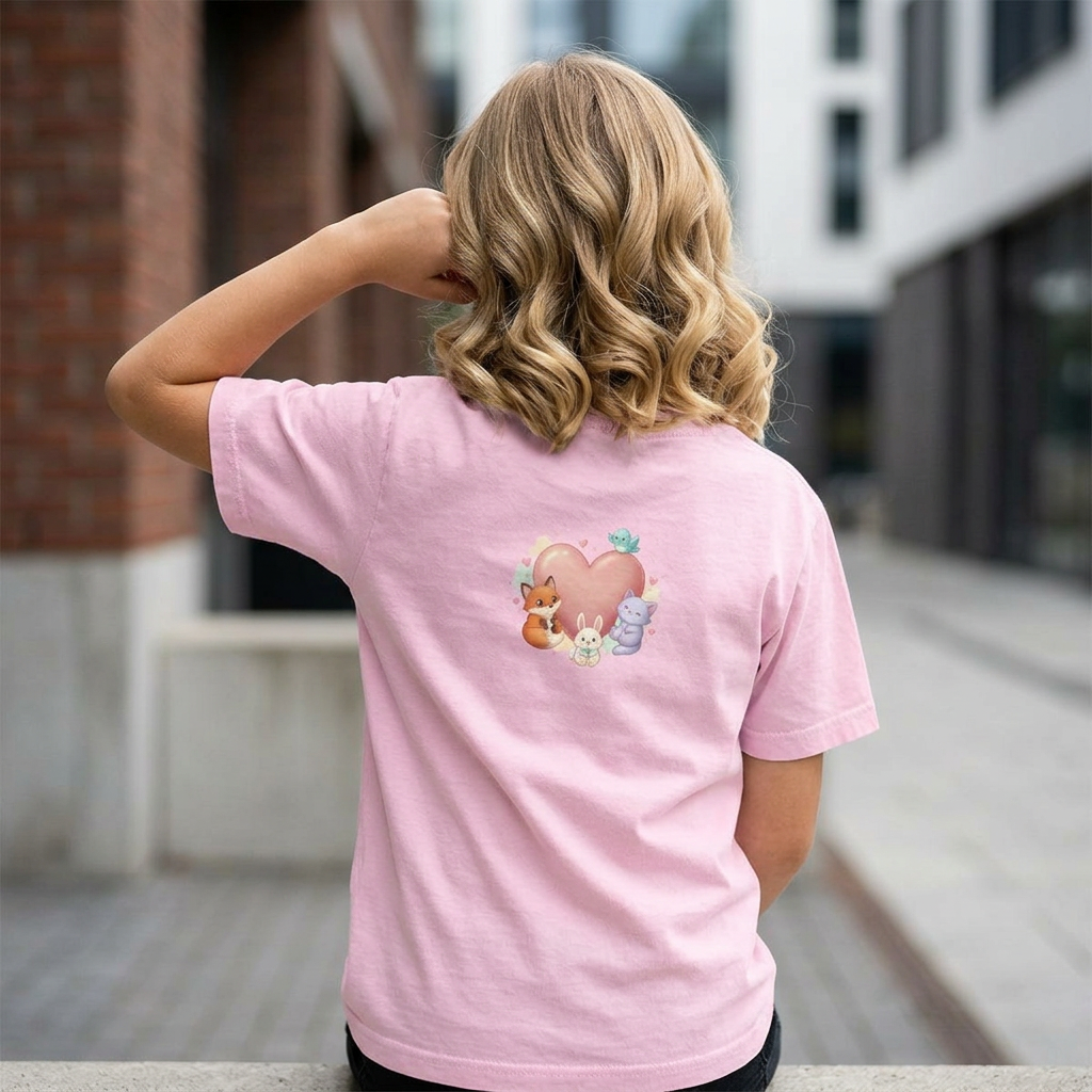 Youth inspirational t-shirt featuring a pastel elephant, tiny hearts, forest friends, and the phrase “Kindness Changes Everything” in cheerful lettering.
