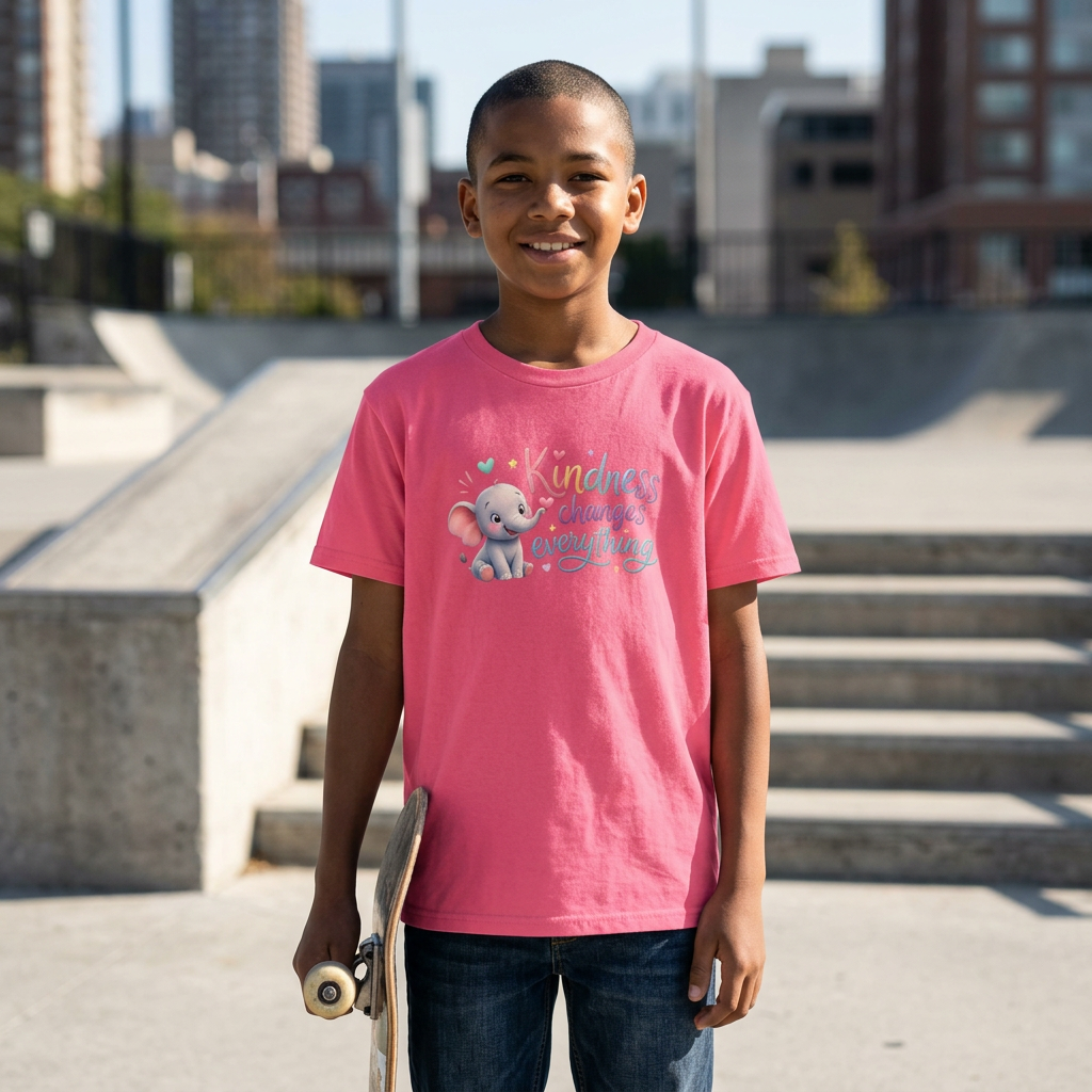 Youth inspirational t-shirt featuring a pastel elephant, tiny hearts, forest friends, and the phrase “Kindness Changes Everything” in cheerful lettering.
