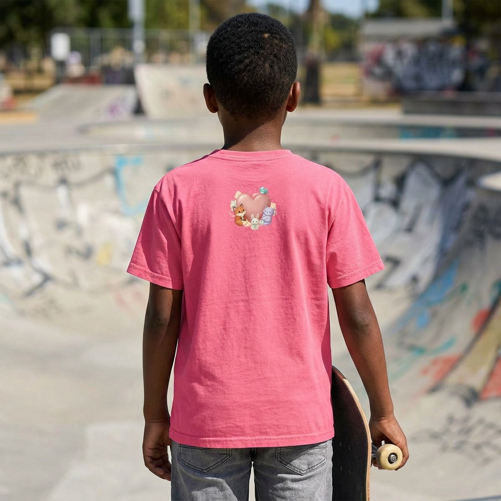 Youth inspirational t-shirt featuring a pastel elephant, tiny hearts, forest friends, and the phrase “Kindness Changes Everything” in cheerful lettering.