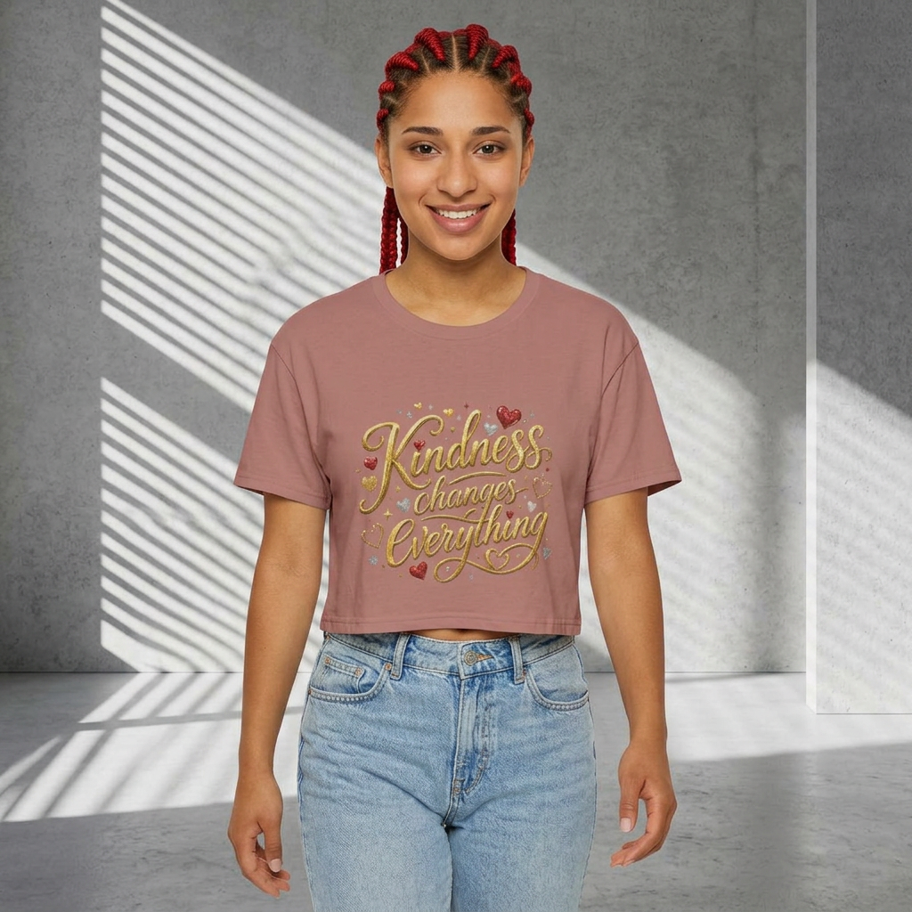 Women’s cropped inspirational t-shirt featuring the phrase “Kindness Changes Everything” in warm hand-lettered design with a relaxed casual fit.