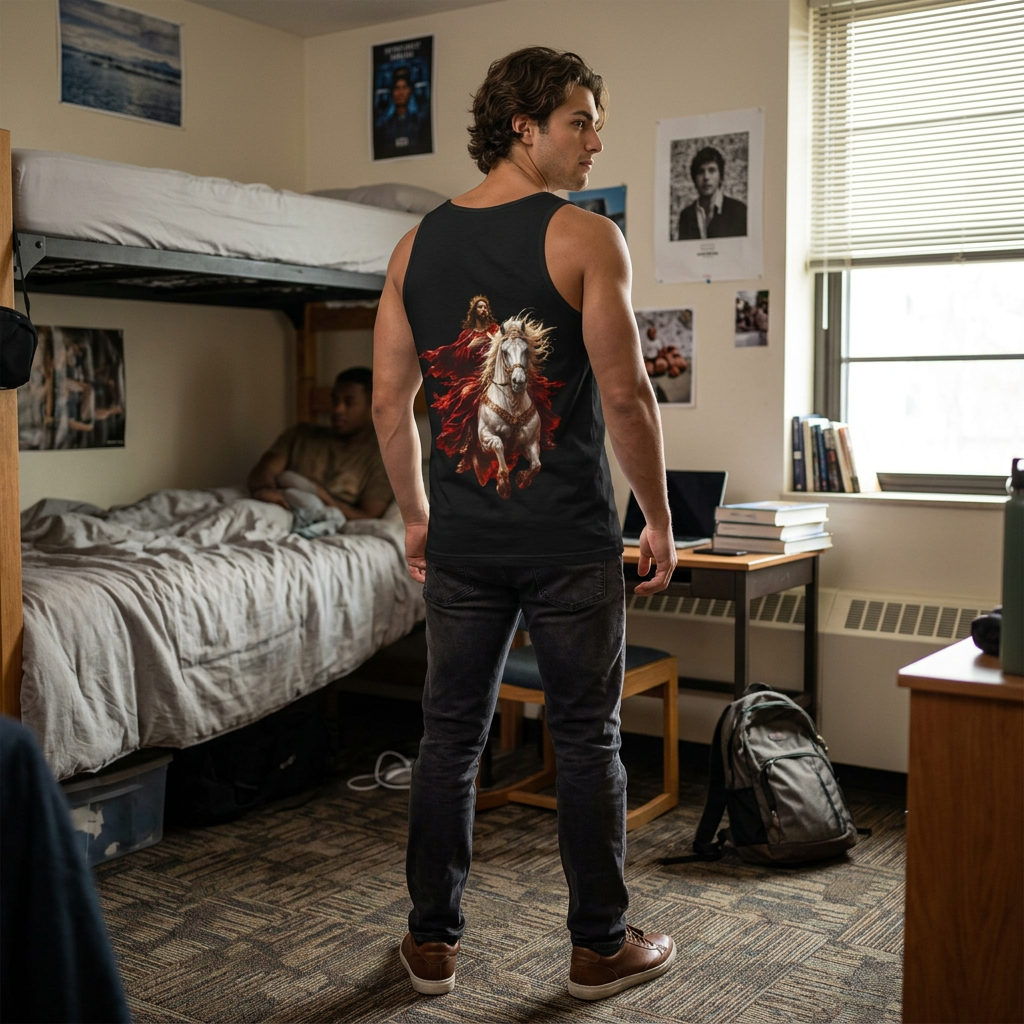 Christian tank top featuring Jesus riding a white horse with inspirational Second Coming artwork on a soft garment-dyed sleeveless shirt.