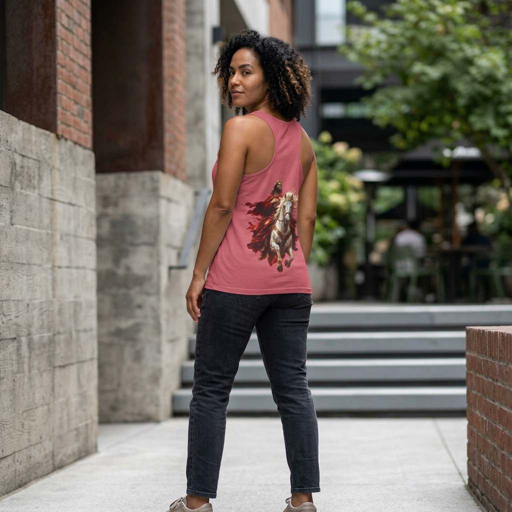 Christian tank top featuring Jesus riding a white horse with inspirational Second Coming artwork on a soft garment-dyed sleeveless shirt.