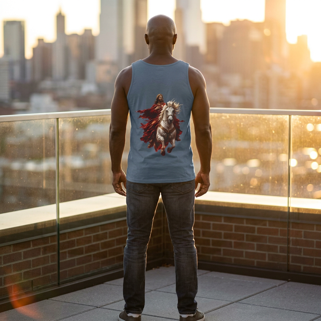 Christian tank top featuring Jesus riding a white horse with inspirational Second Coming artwork on a soft garment-dyed sleeveless shirt.