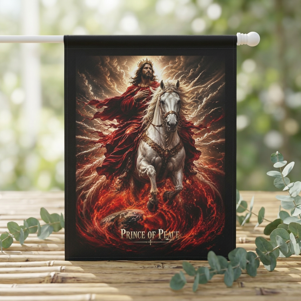 Christian garden banner featuring Jesus beside a noble horse with the words “Prince of Peace” in warm country-inspired outdoor artwork.