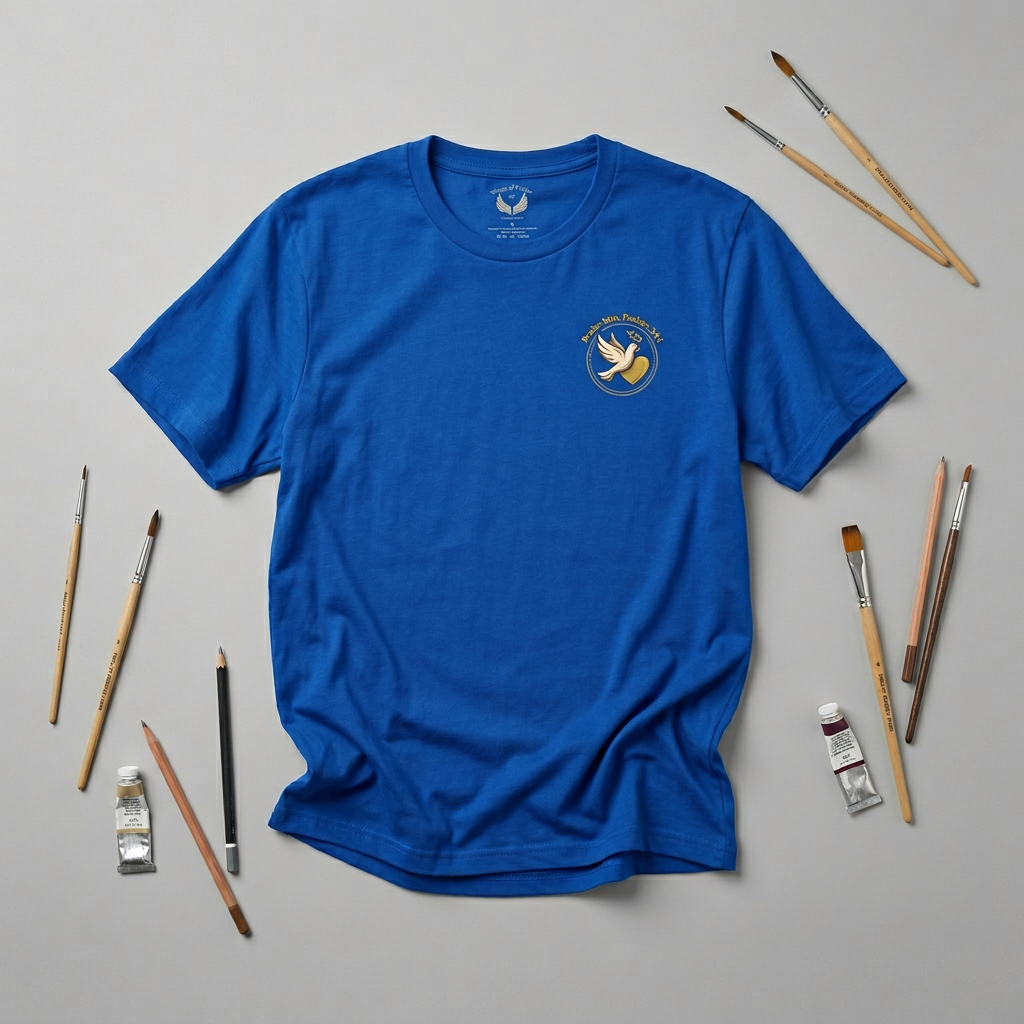 Minimalist Christian T-shirt featuring a Dove of Peace chest emblem with the words “Pray, Love, Remember” on a soft lightweight faith-inspired tee.